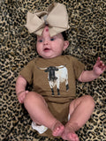 Finn the Longhorn Baby Bodysuit on Vintage Coyote Brown