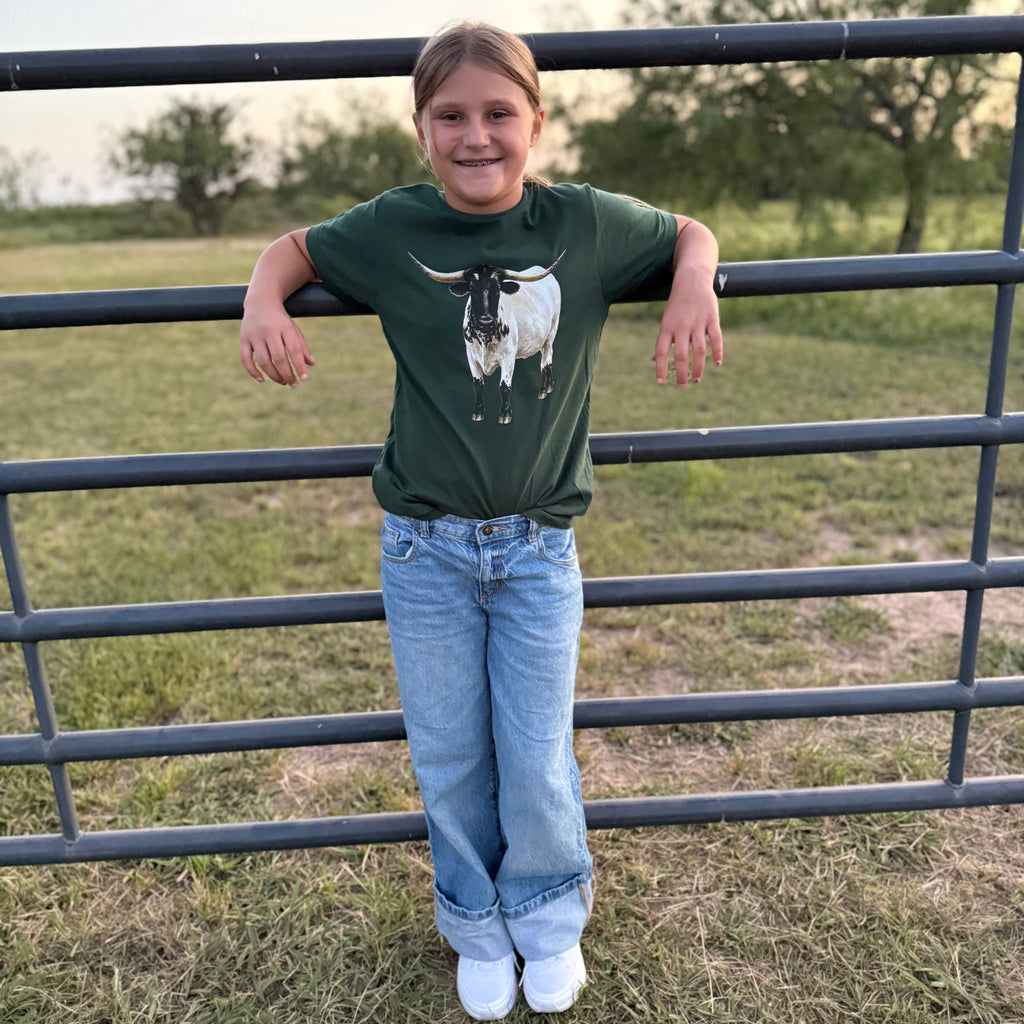 Finn the Longhorn Big Kid Tee on Forest