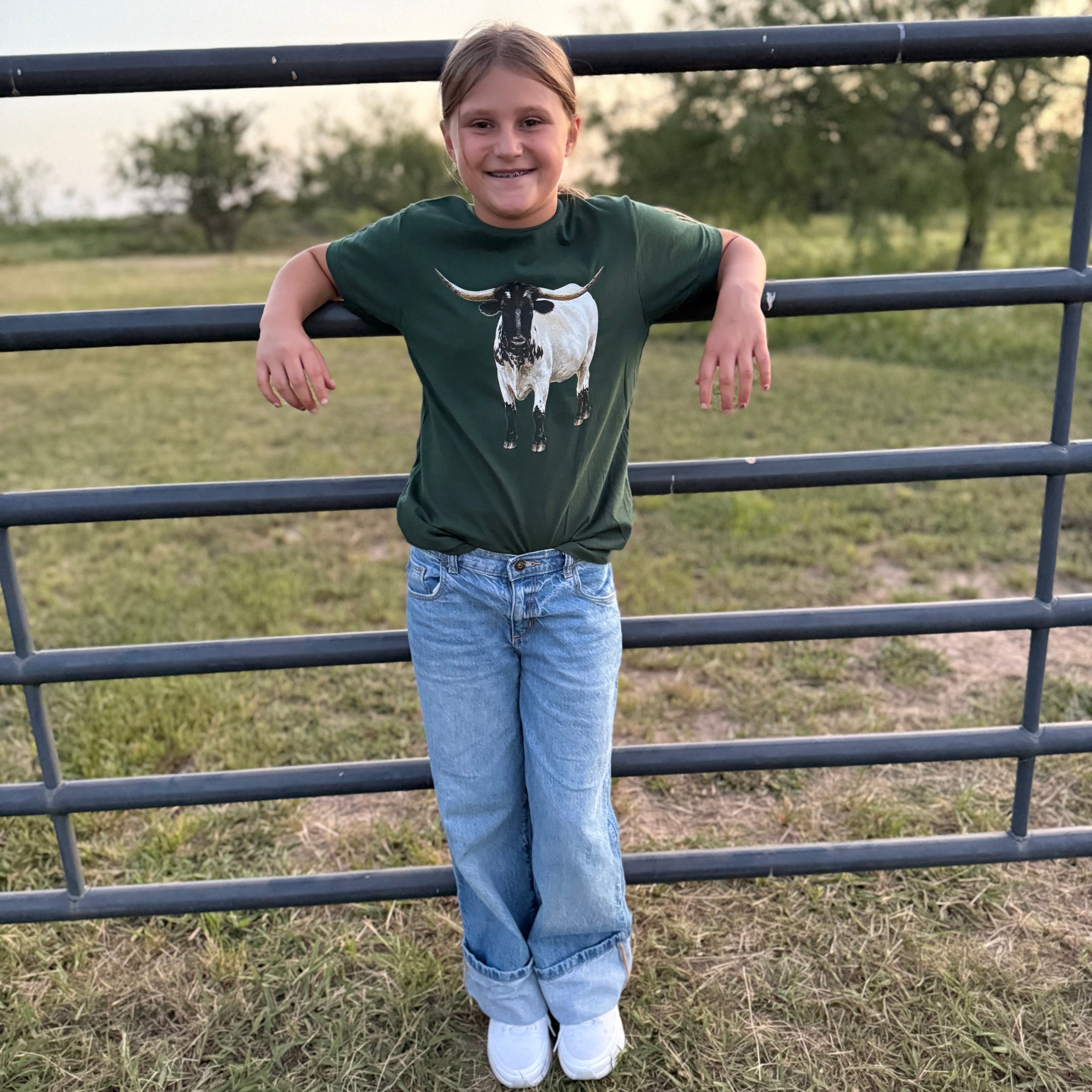 Finn the Longhorn Big Kid Tee on Forest