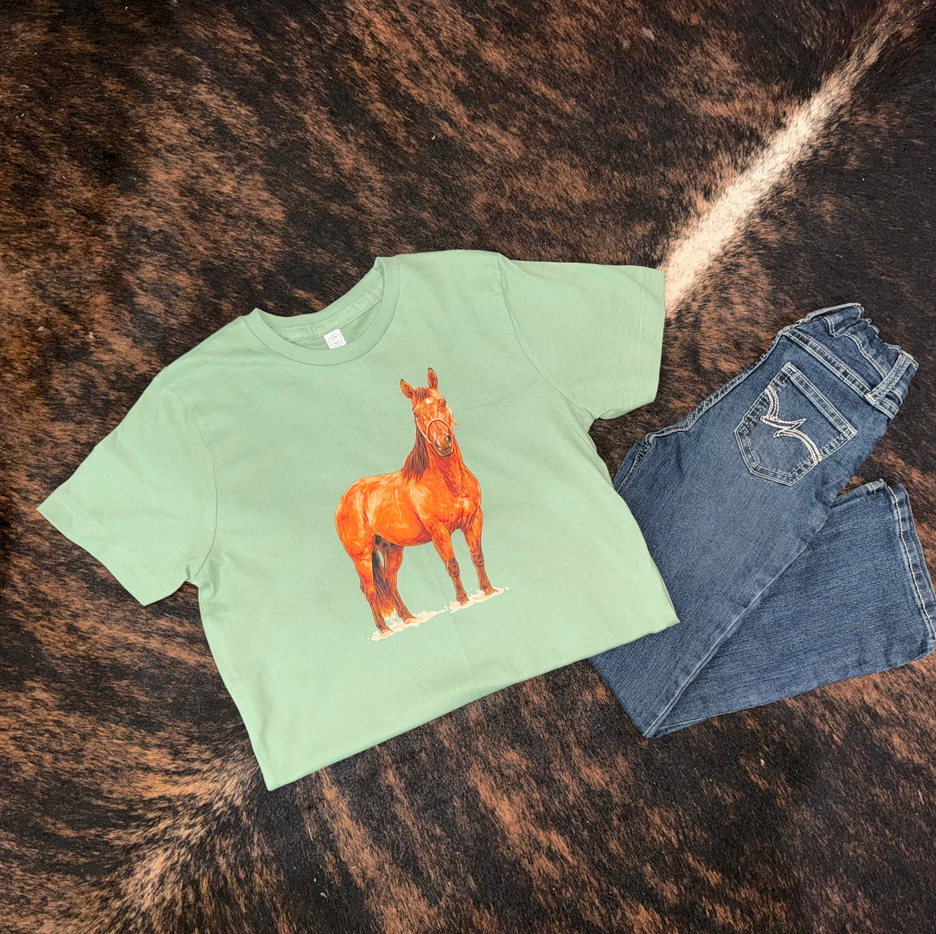 Ranch Horse Big Kid Tee on Sage