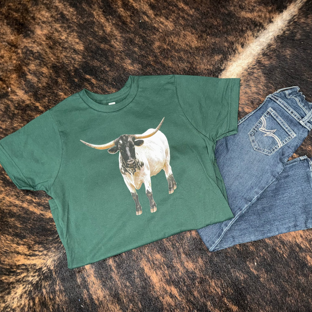Finn the Longhorn Big Kid Tee on Forest
