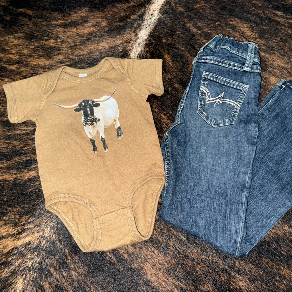 Finn the Longhorn Baby Bodysuit on Vintage Coyote Brown