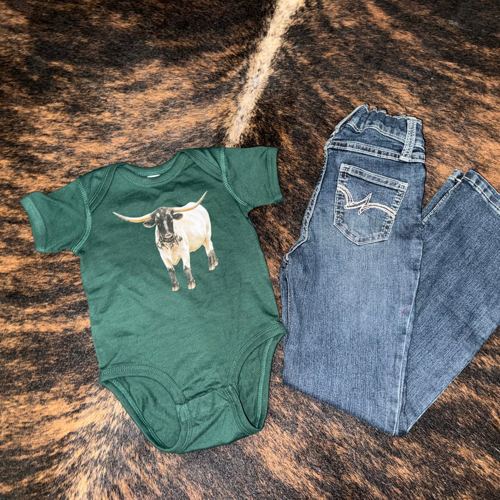 Finn the Longhorn Baby Bodysuit on Forest